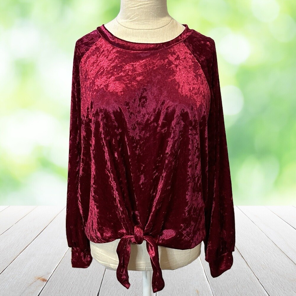 Vintage Crushed Velvet Top Tie Waist Raglan Sleeve Red Stretch Made in USA L/XL